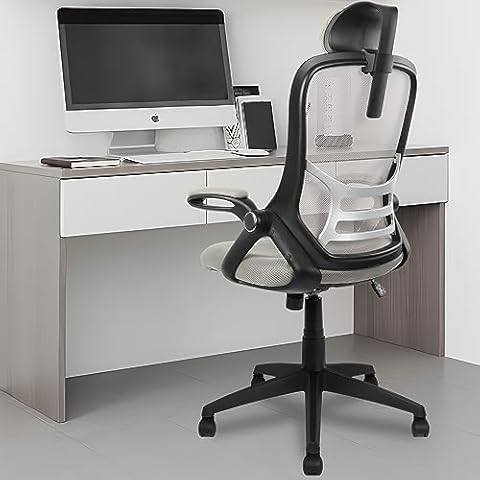 HYLONE Office Chair Executive Mesh Computer Desk Chair Comfortable with Headrest, Flip-up Arms, Adjustable Height, Black & Grey Cover