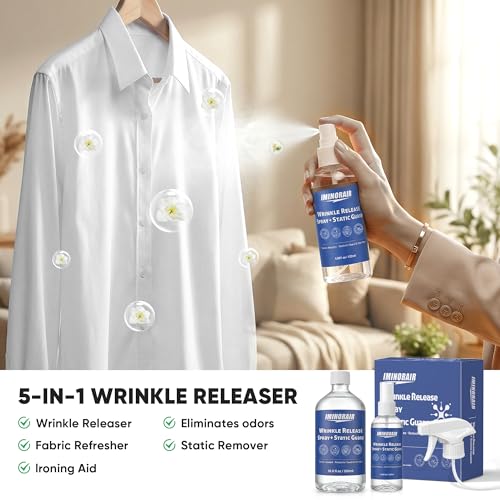 Wrinkle Releaser Spray, Anti Static Spray and Instant Wrinkle Release for Clothes, All in One Formula, Odor Eliminator and Fabric Refresher Spray (16.9 Fl Oz + 4.06 Fl Oz)
