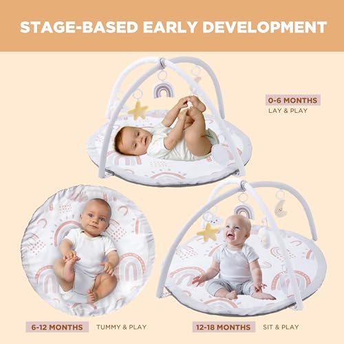 HBselect Baby Gym Play Mat, Tummy Time Play Mat with 6 Toys for Stage-Based Sensory and Motor Skill Development Language Discovery, Thicker Non-Slip Play Mats for Infant, Newborn Baby Essentials - Thumbnail 4