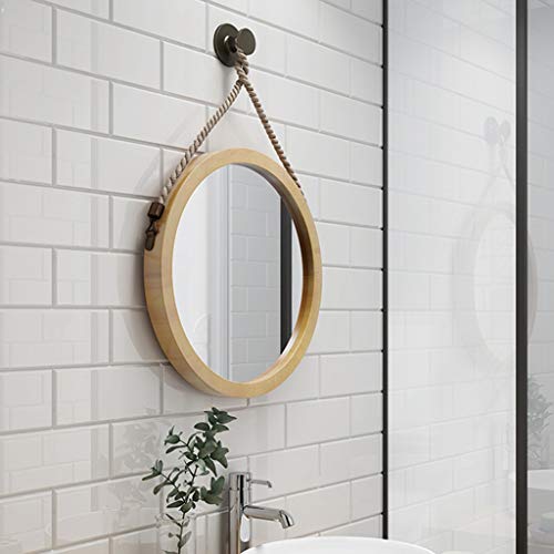 Olotu Retro Wall Hanging Mirror,Round Decorative Mirror With Hemp Rope Rope,Creative Makeup Shaving Wood Framed Mirrors/70Cm #TOP2
