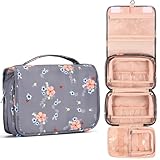 VEXTROFORT Toiletry Bag for Women, Large Hanging Travel Makeup Bag Water-resistant for Toiletries/Cosmetics/Brushes (Gray Floral)