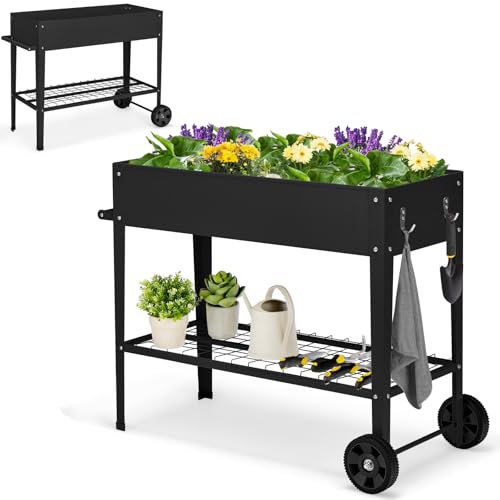 HOMASIS Hochbeet mit Ablage aus Netz & 2 Rollen, Blumenbeet aus Metall, erhöhtes Gartenbeet mit 2 Haken & Griff, Frühbeet Blumenkasten hoher Rollwagen für Garten Balkon Terrasse, 95x40x80cm (Schwarz)