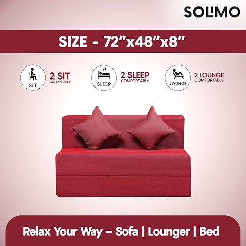 Image of Amazon Brand - Solimo 2 Seater 4 * 6 Jute Fabric Washable Cover Sofa Cum Bed with 2 Cushion 2 Seater Double Foam Fold Out Sofa Cum Bed (Finish Color - Maroon Delivery Condition - Pre-Assembled)