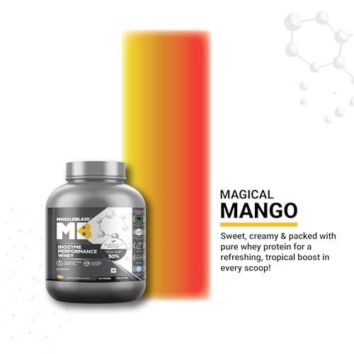 Image of MuscleBlaze Biozyme Performance Whey Protein Powder, Magical Mango (2kg / 4.4lbs) | 25g Protein Per Scoop | Clinically Tested 50% Higher Protein Absorption