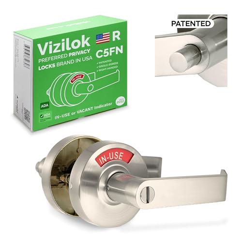 VIZILOK ADA Compliant, Single Egress Indicator Privacy Lock C5FN-R Durable ANSI Grade 2 Comp Commercial Right Handed Non Reversible in-Use or Vacant Push Button Lever - Satin Nickel