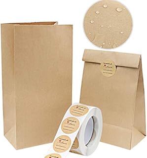 Vandicka 100 Pcs Brown Kraft Paper Bags and Stickers, Greaseproof Paper Food Bags for Sandwich Lunch Snack Grocery, Candy Goodie Treat Bags, Birthday Wedding Christmas Party Gift Bags, 240x130x80 mm