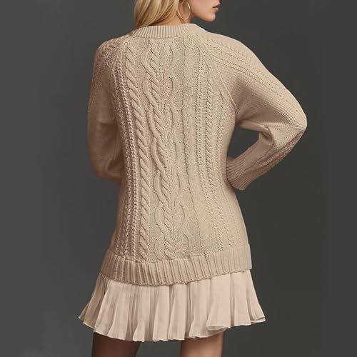 Women Crewneck Cable Knit Sweater Mini Dress, Fall Sweater Dresses with Pleated Skirt, Patchwork Sweaterdress4