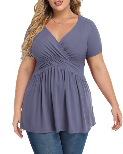 TIANZHU Women's Plus Size Dressy Tops Wrap Shirt Short Sleeve