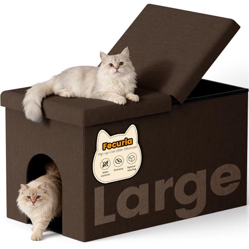 Fecuria 3-in-1 Cat Litter Box Enclosure with Odor Control, Multi-Functional Hidden Litter Box Furniture Bench, Dog Proof, Space-Saving Ottoman Cabinet with Flip-Up Lid, Storage Footrest, Coffee