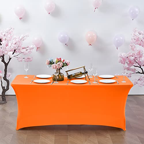 Image of CWK 6FT Waterproof Stretch Spandex Table Cover for Rectangular Tables - Elastic Fitted Tablecloth for Folding Tables,Wrinkle Resistant Table Cloth for Parties, Weddings,Banquets & Events(Light Orange)