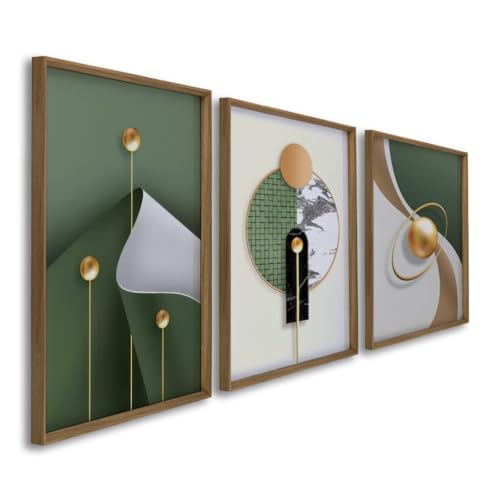 Quadros Decorativos Tríade Elegante Cores Vivas em Verde e Nude Abstrato em Harmonia (Madeira, 50x75, S/Vidro)