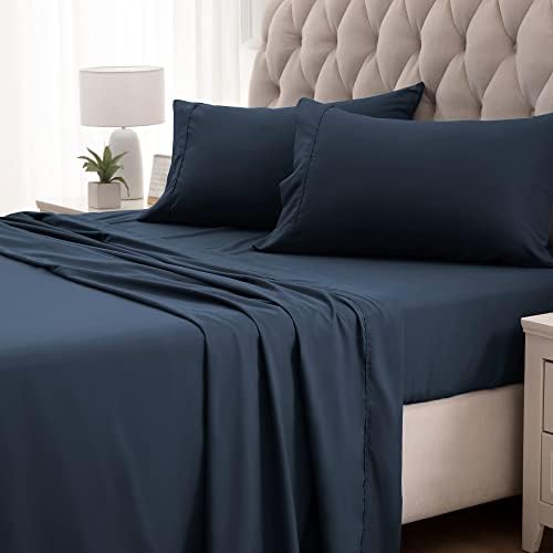SLEEP ZONE Super Soft Cooling Queen Bed Sheets Set 4 Piece - Easy Care Fitted Flat Sheet & Pillowcase Sets - Wrinkle Free, Fade Resistant, Deep Pocket 16" (Navy Blue, Queen)