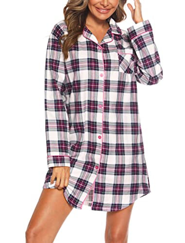ENJOYNIGHT Women's Sleep Shirt Flannel Print Pajama Top Button-Front Nightshirt Sleepwear3