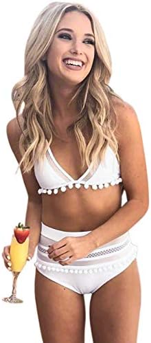 Women's High Waist Two Pieces Bikini Set Halter Straps Tassel Swimsuit