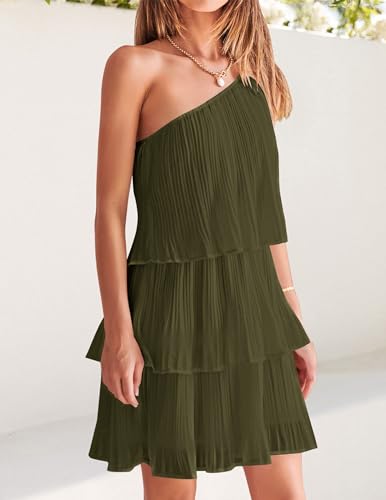 Image of ZESICA Women's Boho Summer One Shoulder Sleeveless Ruffle Tiered Layered Chiffon Pleated A Line Flowy Mini Dress