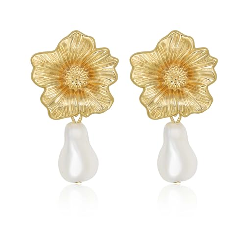 Lansora Gold Flower Pearl Earring for Women Floral Irregular Baroque