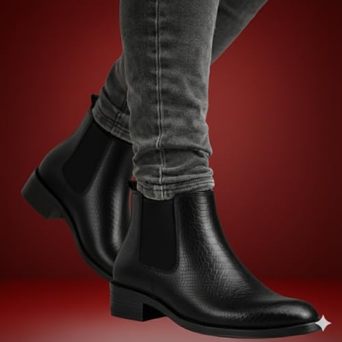 Image of Men's Chelsea Boots | Black Croc Textured Leather | Cuban Heel | Italian Design | TPR Sole | Cushioned Insole