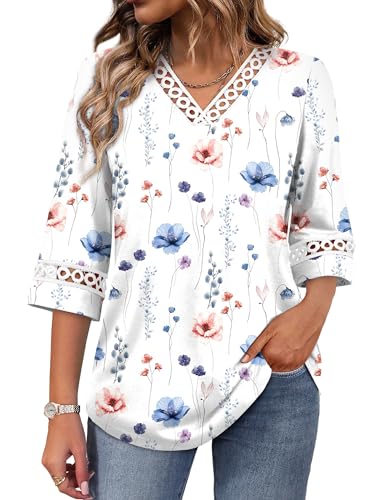Image of WIHOLL Womens Tops Eyelet Lace V Neck 3 /4 Bell Sleeve Blouses Dressy Casual Work Shirt 2026 Summer Fall Fashion Clothing