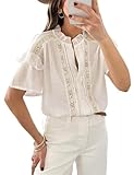 IQSQSQ Women's Summer Blouse Short Sleeve Button Down Shirt Lace Trim Ruffles Round Neck Casual Work Top(White-L)