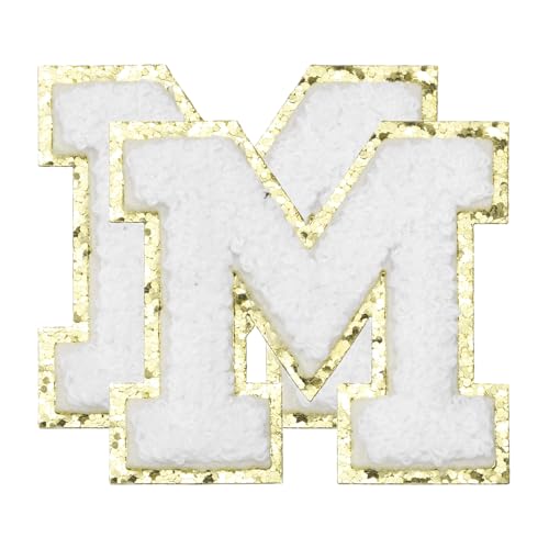 sourcing map Chenille Letter Patches, 2Pcs Letter M Iron on Patches Decorative Repair Sew on Appliques for Repairing Clothing Jeans Shoes Hats DIY (Glitters Edge White, 5.5cm/2.2)