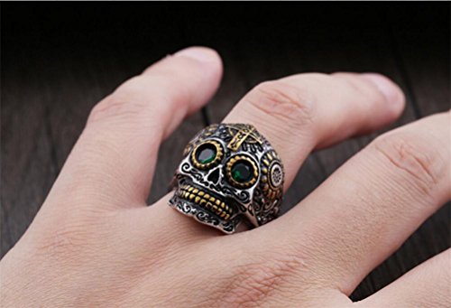 INRENG Men's Stainless Steel Silver Gold Gothic Cross Skull Ring Green Eye Vintage Flower Carved Halloween Size 10 - Thumbnail 5