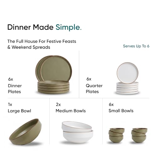 Image of Shay Modern Ceramic Dinner Set, 21 Pcs, Olive Green & White | Crockery Set for Gifting & Dining| Premium Ceramic Dinner Set | Matte Finish (Japandi Dinner Set - Olive Green & White, 21 Piece)