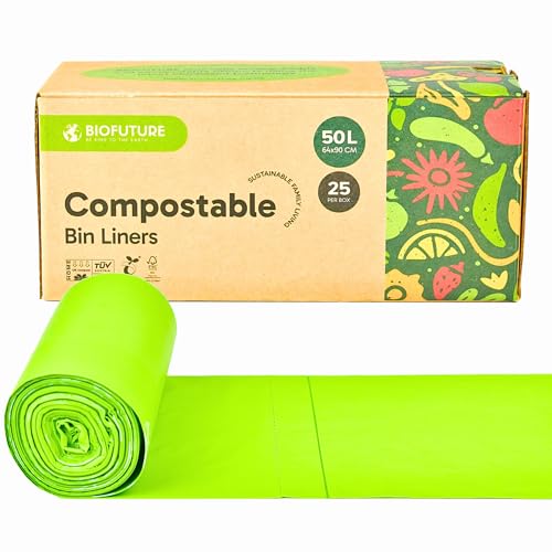 Biofuture 50L Biodegradable Bin Liners | Compostable Food Waste & Food Caddy Bags | EN13432 Certified Green Bin Bags for Food Waste & Recycling (25 Liners, 50L)