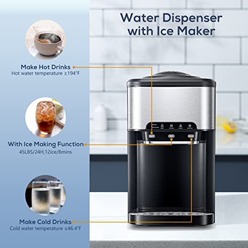 Kismile 3-1 Water Dispenser With Ice Maker, Water Cooler Dispenser 5 Gallon, Ice And Water Dispenser, Top Loading Water Dispenser 3 Temperatures Setting- Hot&Cold Water, 45 Lbs/24H For Home/Office #TOP3