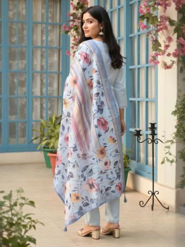 Image of INDO ERA Women's Pure Cotton Solid Solid kurta & Pant with Dupatta Set | Cotton Kurta Set For Woman
