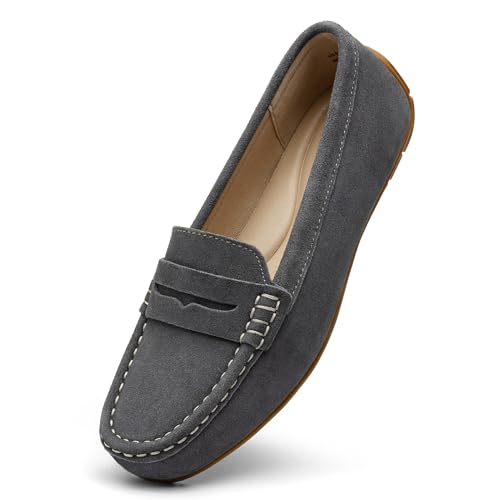 KORDAL Women's Comfortable & Lightweight Grey Suede Leather Penny Loafers