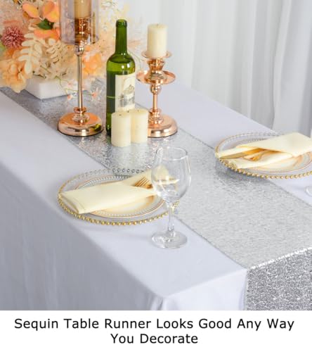ShinyBeauty Sequin Table Runner 12x108 Inch Silver, Roll-Up Wedding Party Decor - Sparkling Holiday Banquet Tablecloth (Wholesale)​ - Thumbnail 6