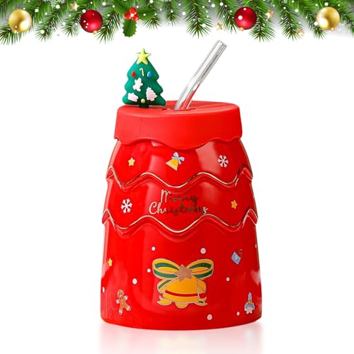 Falafoty Taza de árbol de Navidad, Taza de Café Navideña de Cerámica con Tapa Paja, 400ml Taza de Navidad de Invierno para Té Café Coco Caliente, Regalo para Niños, Adultos, Caja de Regalo (Rojo)