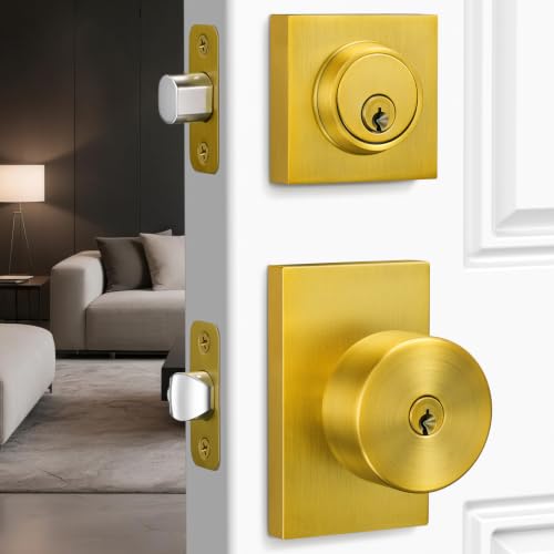 Calzibeno Antique Brass Exterior Door Knob and Deadbolt Set, Keyed Alike