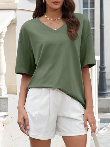 Image of ATHMILE Womens Oversized Shirts V Neck Plus Size Spring Workout Summer Tops Beach Vacation 2026 Gym Clothes Basic Tee