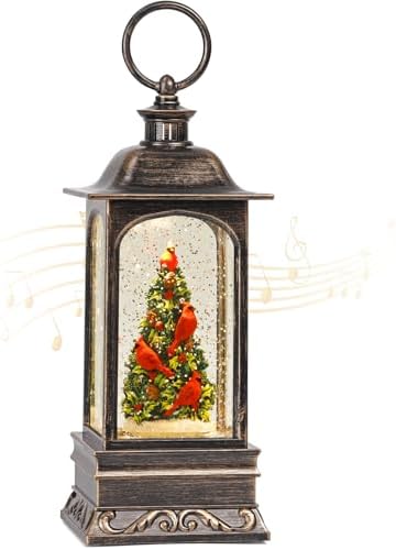 Cardinal Christmas Snow Globe, 10.6 Inch Musical Snow Globe Lantern, 6H Timer Lighted Christmas Snow Lantern, USB and Battery Operated Lantern, Christmas Decoration for Holiday Season Home Decor.