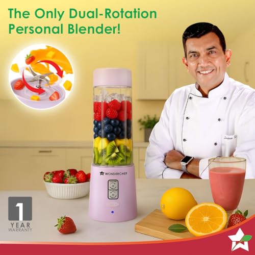 Image of Wonderchef Twister Portable Blender, 500ml, Dual-rotation Stainless-steel Blades, For Crushing Ice, Smoothies, Shakes, For Backpacks /Office Bags, Type-c Charge, 1-Yr Warranty, Lavender