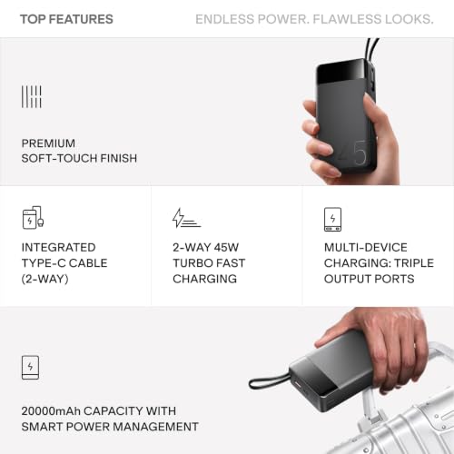 Image of boAt Apex PB445; in-Built Type-C Cable; 20000 mAh 2-Way PD 45W Fast Charging Powerbank with Triple Output; Premium Finish; for Android, iPhone 17 /16 /Pro, Samsung, iPad (Phantom Black)