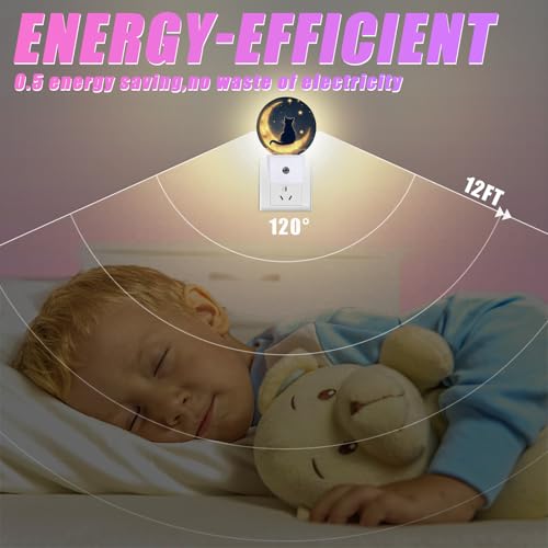 Image of Cat Moon Night Light Starry Sky Night Lights LED Lamp Round Plug into Wall Nightlight with Dusk to Dawn Sensor Home Hallway Stairway Kitchen Decor