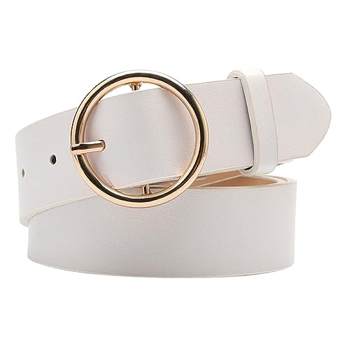 yaozeio Womens White Leather Belts for Ladies Gold Buckle Belt for Women Lady Waist Stretch Belts for Jeans Dresses Trousers Pu Leather Belt