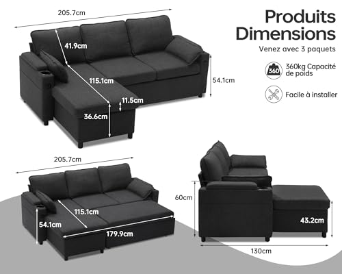 Canapé d’angle convertible L réversible + USB DURASPACE