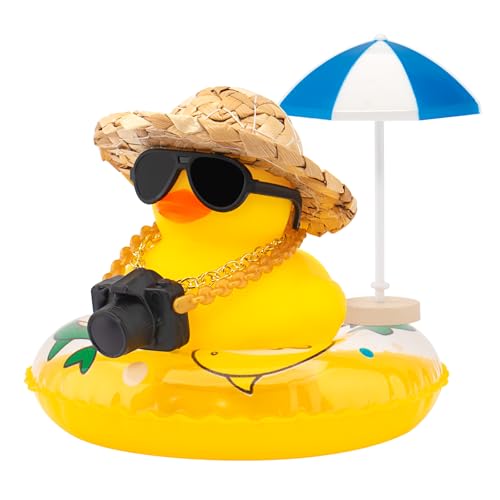 wonuu Car Rubber Ducks, Dashboard Decorations Swimming Duck for Car Ornament Accessories with Straw Hat, Glasses, Sunglasses, Sun Umbrella, Swim Ring, Mini Camera Dolphin Ring Yellow
