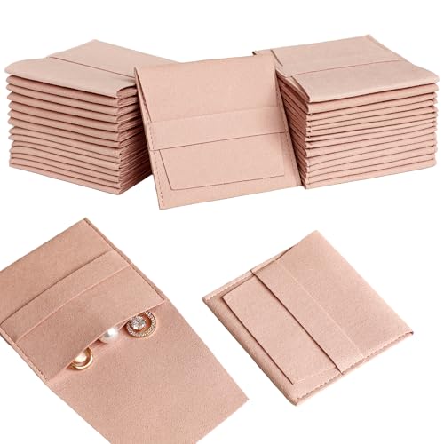 40pcs Pink Microfiber Jewelry Pouch 8 x 8cm Jewelry Packaging Bag Luxury Gift Fixed Strap Envelope Style Packaging Small Jewelry Gift Bags for Earrings Necklaces Bracelet Ring