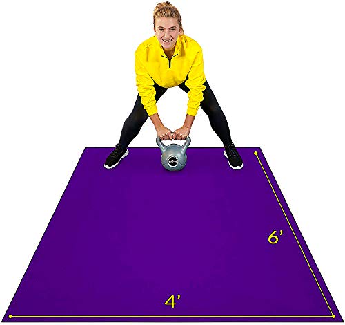 Large Exercise Mat 6  x 4  x 7mm | Ultra-Durable Non-Slip Rubber Workout Mat for Home Gym Flooring | Ideal for Cardio, Fitness, Plyo, MMA and Yoga | Jump Rope and Storage Bag Included - Purple