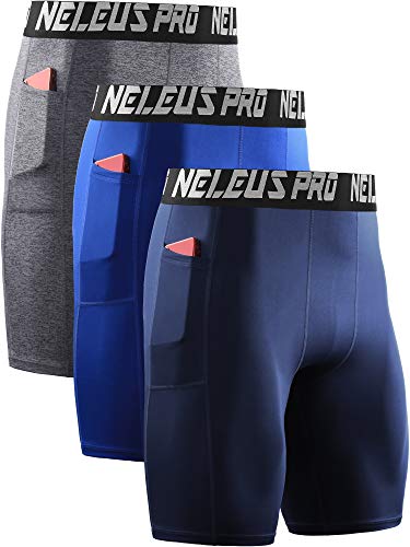 NELEUS Men's 3 Pack Compression Shorts with Pockets Dry Fit Yoga Shorts,6063,Grey/Blue/Navy,3XL