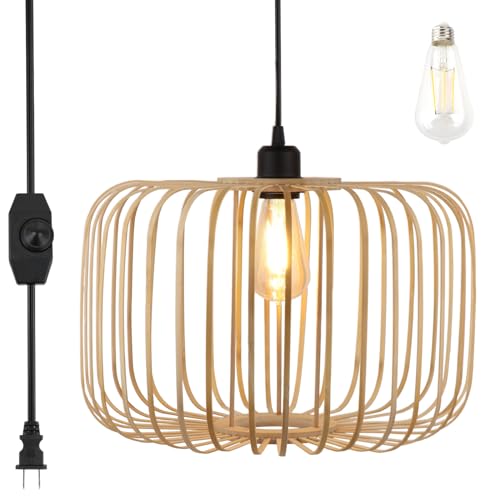 Plug in Pendant Light Woven Bamboo Hanging Lights with Plug in Hanging Lamp Dimmable, Handmade Woven Boho Wicker Basket Lamp Shade Ceiling Light for Living Room Bedroom Kitchen (Apple Shaped)