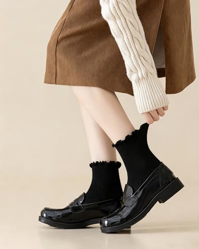 Image of Mcool Mary Womens Crew Socks Ruffle Casual Cotton Frilly Breathable Cute Knit Lettuce Trim Dress Ankle Socks 6 Pack