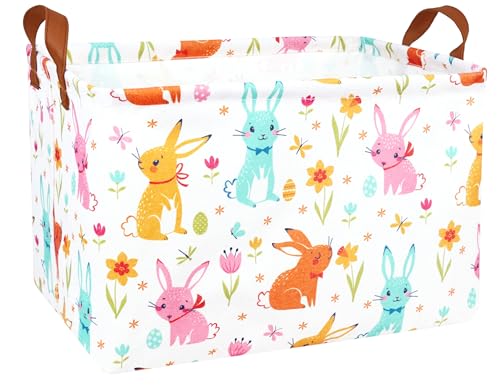 Image of Large Rectangular Easter Baskets Empty Waterproof Boy Toy Box Foldable Kid's Gifts Storage Bin Spring Room Decor(Flower Rabbit Egg)