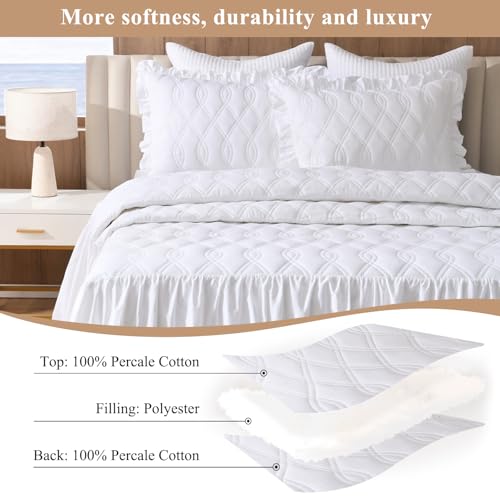 SOElinens Ruffle Skirt Bedspread King Size - 30" Long Drop, Cotton Farmhouse Coverlet Bed Spreads, Shabby Chic Style Bedding Set, Charming Ruffle Detail with 2 Pillow Shams - King, White — view 4