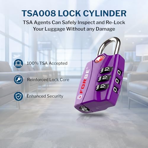 Image of Forge Open Alert TSA Approved Luggage Locks - 3 Digit Combination, Easy Read Dials, Zinc Alloy Body (Purple 2 Locks)