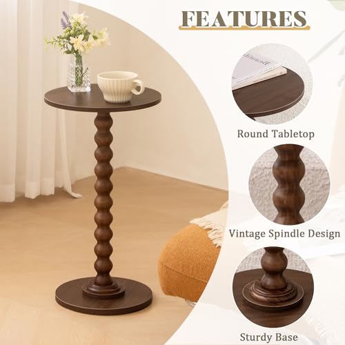 Image of Fultyle Small Round Side Table, Walnut End Table for Small Spaces, Modern Drink Table Accent Table with Solid Wood Leg for Living Room, Bedroom, Corners, and Office (Walnut Brown)